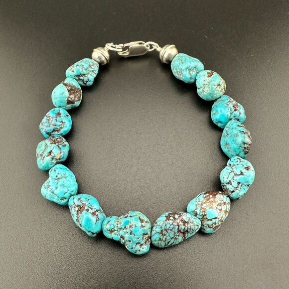 Big Chunky Turquoise Nugget Stone Bead Sterling Silver Bracelet Size 7 - 7 1/4 - Picture 2 of 5